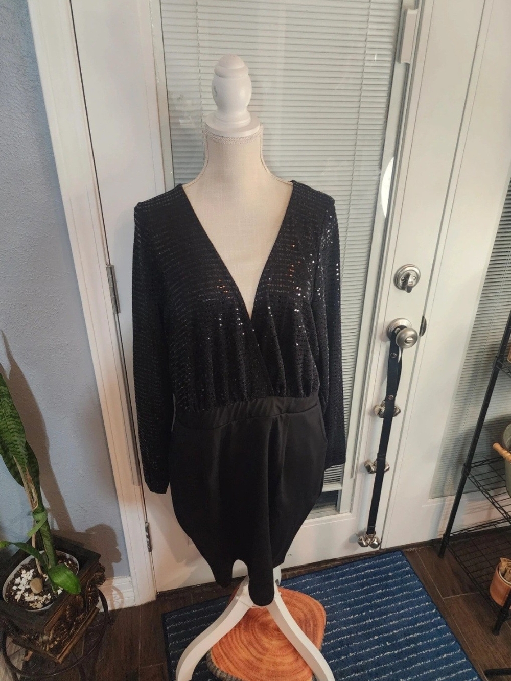 Curvy Sense Black Sequin Mini Dress with Surplice Neck